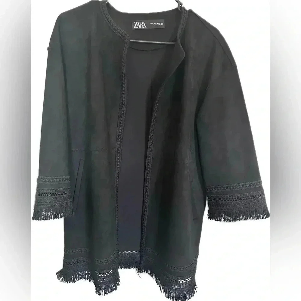 Zara suede fringe boho oversized kimono black whimsygoth size S - Picture 3 of 9